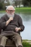 Placeholder: 1000-year-old old English man, wise face ,glasses, cynical look, yellow mustache, eyes expressing wisdom, white beard, wrinkled cheeks, precise details, pants with slacks, sitting on a bench in the garden, in the background of a lake with swans, outdoor shot, cinematic, UHD. 20K, 300 DPI