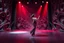 Placeholder: modern stage with gray-dark red theme artistic decoration , color full dynamic lighting, a beautiful lady in pants and blouse with shining silver jewels dancing, 3D recursive fractal structure animating background