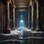 Placeholder: Hyper Realistic huge wave splashes & flood water inside a huge dark Palace hallway with traditional Indian pillars at night