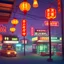 Placeholder: cute isometric china town, cutaway box, traditional, night lights, neon sign, hanging lanterns, electric posts with lamps, old taxis. highly detailed, made with blender, promotional brochure