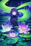 Placeholder: Glowing rainbow lily pad flower centered, night, highly detailed, sharp focus
