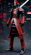 Placeholder: dibujo de contorno de un Samurái negro y rojo con traje cyberpunk full body