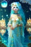 Placeholder: A beautiful girl with glowing starry eyes. And with turquoise hair decorated. And full body. Holds 10 glowing glass beads with a moon inside .girl void. full body Glowing golden eyes and white hair. Standing on a land of water embellished with sapphires and ornate trees. And beautiful buildings. And a sky full of star. realistic