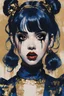 Placeholder: Poster in two gradually,malevolent goth vampire girl face the Singer Melanie Martinez face, painting by Yoji Shinkawa, darkblue and gold tones,