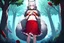 Placeholder: Lonely Girl, forest, gray hair, wolf ears, wolf tail, open navel, hands on chest, blushing, standing by a tree, collar on neck, very short red skirt, blood on hands, long nails, wolf hair on legs, more red eyes, glowing mushrooms on trees, big tail