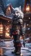 Placeholder: wolfs mane,moon, fluffy boots, full figure with metallic stone gauntlets holding dark jagged dagger, standing on frozen wet tiled floor outside fantasy tavern, focused female brownie vampire gnome from worms armageddon wearing makeup, bokeh like f/0.8, tilt-shift lens 8k, high detail, smooth render, down-light, unreal engine, prize winning