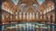 Placeholder: Superb symmetrical pictorial multicoloured mosaic floor, walls with pictures of bathers and swimmers, swimming pool, water feature, symmetrical cathedral style high ceiling, relaxation, luxury, dream world, calm beauty, symmetry, fantasy world, magic, beautiful symmetrical composition, exquisite detail, 135mm lens, adjust perspective, chiaroscuro, dynamic lighting