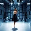 Placeholder: make a picture pretty stage made of metallic blue-gray teme 3d recursive cubic and sphere and cylinder base structures and a beautiful fashion model lady standing with cute in scene with sexy top and pretty pleated midi skirt ,makeup curvy long hair,dynamic camera zoom to full body and pan, dynamic lights.