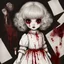 Placeholder: A girl's doll wearing a white dress with red blood bleeding from the back