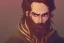 Placeholder: Boisterous braided long haired bearded tall man wearing gold rings and long fur trimmed merchant's coat, dark background, dynamic lighting, full body view, golden glowing eyes, medieval fantasy, monocle