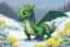 Placeholder: cute green dragon at the foot of the mountain. Snowing. The dragon sniffs the blooming rapeseed from under the snow.