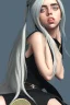 Placeholder: Billie Eilish, sitting on a chair, Black Short Dress, high detail, realistic