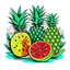 Placeholder: A tropical fruit platter with pineapple and watermelon slices, vibrant, refreshing, overhead lighting, T-shirt design graphic, vector, contour, white background