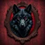 Placeholder: Hyper Realistic Horrifying Black Wolf Portrait with Fancy Frame On Dark Fancy Grungy Red Damask Texture Wall with peeling & vignette effect at night