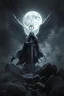 Placeholder: surreal dreamlike scene, stunning warrior fallen angel with sword, mystic gloomy, surreal dark shadows and pale light, stones, rocks, dark vibe, come strom , dark colors, , moon with black darkness, fog, detailed, spalh art, black and white art