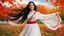 Placeholder: Hyper Realistic Photographic-View of Extremely-Beautiful Young Happy Pashto Girl With Long-Black-Hair-Beautiful-Eyes-&-white-frock-with-red-shawl-with-white-embroidery Whirling-&-smiling in Autumn-Weather with cloudy sky in-an-Autumn-garden-with-orange-leaves-whirling-&-grass-arches showing dramatic & cinematic ambiance.