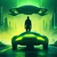 Placeholder: dark futuristic city. roads in the sky. spacecraft in the distance. silhouette of a man standing next to a futuristic hover car. green and yellow mist in the background