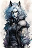 Placeholder: ink wash and watercolor full body concept illustration of an anthropomorphic, fanciful Arctic Wolf, goth punk thief girl character with wildly flowing hair, ornately dressed with highly detailed feathers and facial features in the comic book style of Bill Sienkiewicz and Jean Giraud Moebius, with a fine art aesthetic, highly detailed , boldly inked, 4k UHD cinegraphic quality