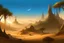 Placeholder: arabian desert side scroller game king castle in background night time moon light very dark with background city light