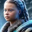 Placeholder:  Greta Thunberg portriate of beautiful blue na'vi warrior,volumetric lighting, particals, intricate detail,realistc, close up