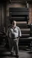 Placeholder: full figure shot photography of an italian strong massive big chubby 50 year old man in opened gray trousers, manly chest, unbuttoned shirt, short beard, shirtless, printer in an old printing house, next to a huge old printer, dim light, side light, ambient occlusion