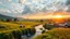 Placeholder: a group of young ladies in sports pants and blouse are dancing to camera in village over high grassy hills,a small fall and river and wild flowers at river sides, trees houses ,next to Ripe wheat ready for harvest farm,windmill ,a pretty train is passistation along river,a few village local shops ,cloudy sun set sky