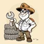 Placeholder: retro cartoon company mascot of a vehicle mechanic with a hint of forest ranger, holding a torque-wrench and next to a stack of tires, ranger smith