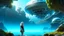 Placeholder: futuristic floating island suspended in the air, cities, fantasy, A woman with blond hair in a robotic silver catsuit, standing on the right of a partially submerged sleek crashed spaceship, on an alien beach, with towering alien trees, high details