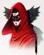 Placeholder: Draw an illustration with a red and black hood and a dragón mask over they eyes, front view