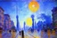 Placeholder: Epic futuristic street, exoplanet in the sky, claude monet impressionism painting