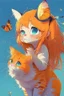 Placeholder: very cute anime pixar cat with long orange hair catching a butterfly