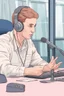 Placeholder: The simultaneous interpreter is sitting at a table with headphones with a microphone at a foreign briefing, the background is blurred, everything is in pastel colors, the hands are drawn with precision.