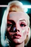 Placeholder: Ultra Realistic image, portrait, blonde woman, sweet Marylin Monroe face, perfect iris, glow eyes, makeup. Cyberpunk style, oversized transparent latex coat, yakuza tattoos. fog, rain, soft color, highly detailed, unreal engine 5, ray tracing, RTX, lumen lighting, ultra detail, volumetric lighting, 3d, finely drawn, high definition, high resolution.