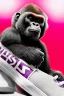 Placeholder: a profile picture of a small gorilla sitting in a purple Converse sneaker, like it's a car, comic style