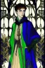 Placeholder: Young male alchemist with blue eyes, wearing long robes, holding a potion flask in the style of Harry Clarke