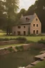 Placeholder: A big farmhouse made out of stone with a pond