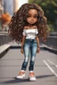 Placeholder: Create a airbrush a chibi cartoon of a black female with long ombre locs in her hair. She is wearing high profile sneakers with tight white cut up jeans and an orange off the shoulder blouse. Prominent make up with brown eyes. Her hair is highly detailed and shiny. Background of her walking on a sidewalk on a bridge.