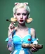 Placeholder: Ultra realistic portrait, wonderland, happy blonde Alice smoking a pipe, blue dress accompanied by elegant anthropomorphic white rabbit, circus dress style, old school tattoo, laughter, smoke, marijuana garden, mushroom lamps, glow eyes, perfect iris, soft color, highly detailed, unreal engine 5, ray tracing, RTX, lumen lighting, ultra detail, volumetric lighting, high definition.