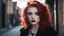 Placeholder: Dark shot, city street, pastel goth, sexy goth girl, photo of cute 24 years old redhead woman, cinematic shot, hard shadows, photorealistic, cute face, looking at viewer