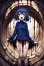 Placeholder: Anime girl with big eyes, darkblue and sepia tones, fullbody, slime, the perspective looking up from the bottom of an empty well, rolling eyes, tongue out, blood drip, open mouth,