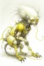 Placeholder: Artist Jean-Baptiste Monge style. A mechanical humanoid pale yellow filament-creature. White furry liquid tendrils. White eyes.