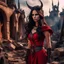 Placeholder: a beautiful tiefling woman with dark hair in a sleeveless battle outfit, amidst the ruins of a medieval town destroyed by war, photo quality, the whole scene in dark red colors