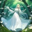 Placeholder: very gorgeous anime girl in white dress, very detailed, trees, birds flying, green trees