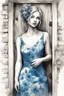 Placeholder: b&w sketch art, close up white woman in a blue vintage dress, background old wooden door, overgrown with green ivy with blue flowers, cracks, brick, sepia, watercolor, by Ryohei Hase, Agnes Cecile, Raymond Swanland, Anne Bachelie