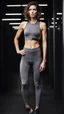 Placeholder: photography of a beautiful anorexic woman, grey satin triathlon top, brunette wavy pixie haircut, pronounced sternum, flat chest, grey satin cycling leggins