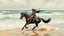 Placeholder: Fantastic illustration of an enigmatic figure on a galloping horse right where the wet sand meets the sea foam.