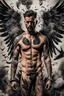 Placeholder: a surreal collage in ultra-realistic 8K quality depicting a tired and stressed man as the central focus, he is half naked and covered with trendy tattoos, huge black wings behind him, surrounded by an explosive array of distant smoke, ghostly figures, Barb wire and black feathers seamlessly coming together to form a unique display. Incorporate thick impasto-style oil paint spots in various areas to enhance the surreal and exceptional nature of the image