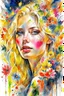 Placeholder: Gorgeous wet look watercolour, a beautiful sensual blond blonde woman, beautiful late summer flowers, colourful, enchanting, wet on wet, silver and gold drops, sparkling lights, winning, intricate, beautiful, gorgeous by Yossi Kotler,