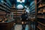 Placeholder: full-height shot of a young witch in a tight black short skirt, inside a large magic shop, shelving, bottles, windows