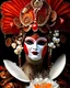 Placeholder: Beautiful venetian canial wite ad black bioluminescense and orange and ginger red irridescensestyle woman adorned with pearl art, mollusk shell headress with mollusk shell colour red and orange water lily black irridescent flower wearing pearl art style mollusk shell ribbed costume metallic filigree venetian carnival style Golden dust make up, irridescent masque and costume organic bio spinal al ribbed bokeh mollusk pearl art shell background full florals lights extremely detailed hyperrealist